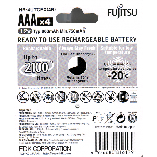 4 Pilhas AAA (PALITO) Recarregáveis da Fujitsu Standard (= Eneloop) 2100 Recargas, 800 mAh