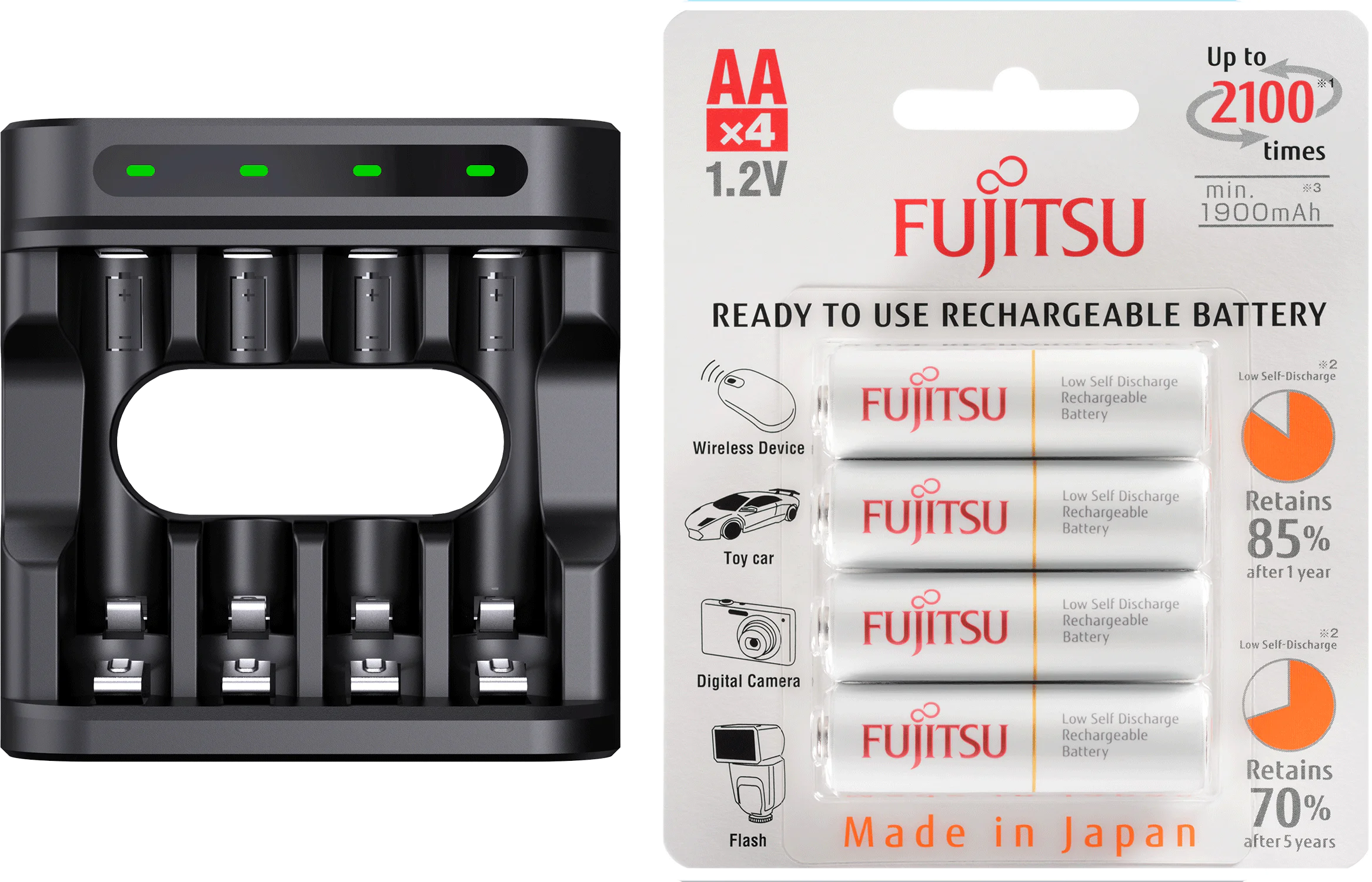Carregador Enercell 4-LN com 4 pilhas AA Recarregáveis da Fujisu