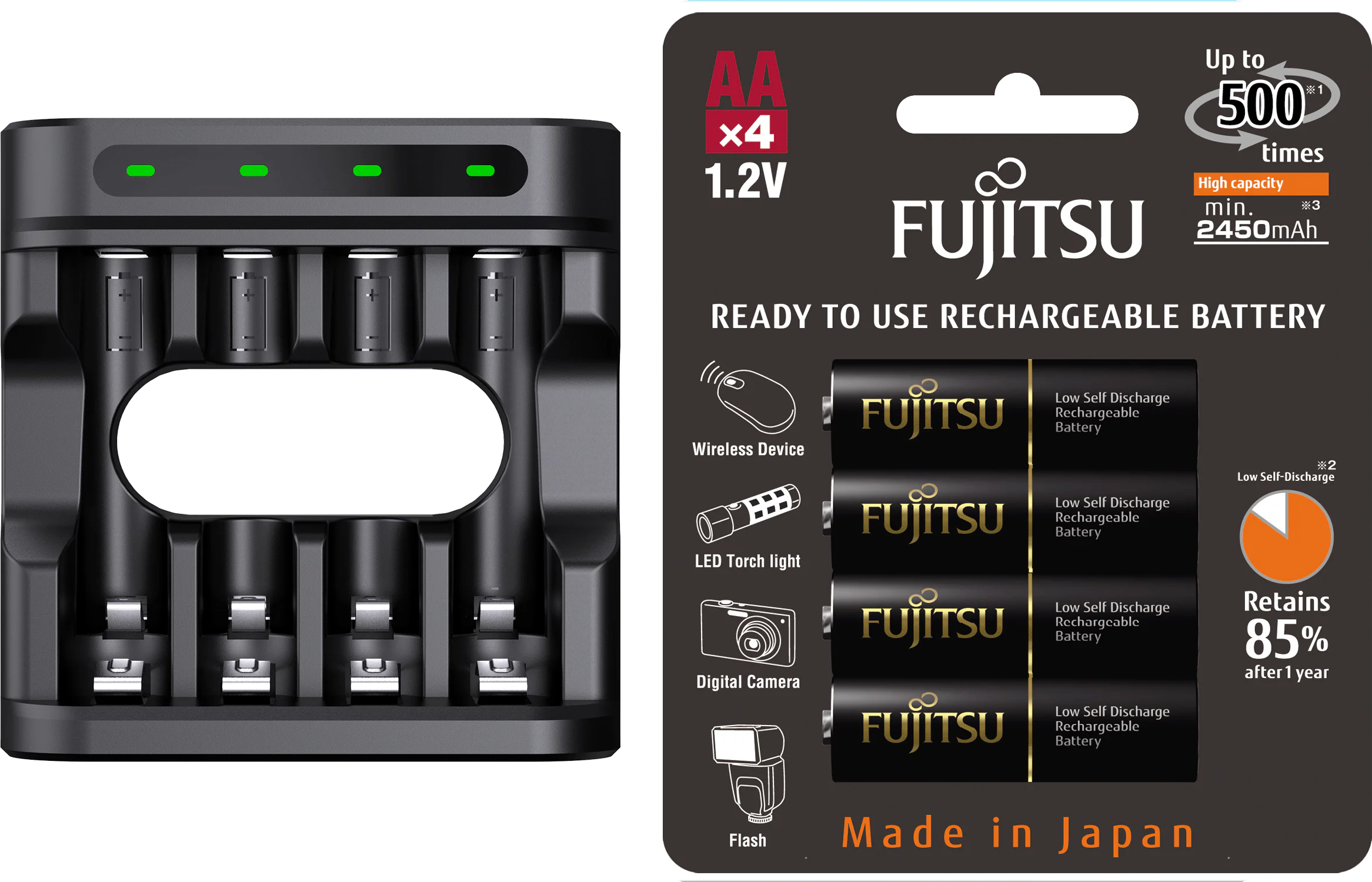 Carregador Enercell 4-LN com 4 pilhas AA Recarregáveis da Fujisu