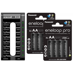 Carregador Enercell 8-LN com 8 pilhas AA Recarregáveis da Eneloop Pro
