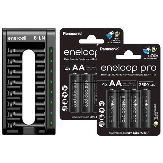 Carregador Enercell 8-LN com 8 pilhas AA Recarregáveis da Eneloop Pro