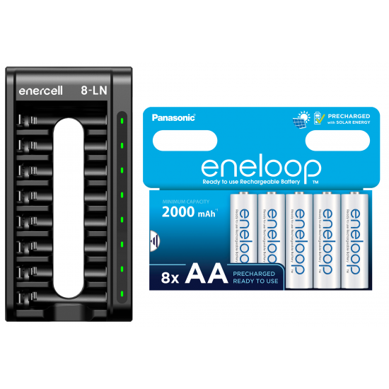 Carregador Enercell 8-LN com 8 pilhas AA Recarregáveis da Eneloop Standard