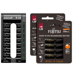 Carregador Enercell 8-LN com 8 pilhas AA Recarregáveis da Fujitsu Premium Carregador Enercell 8-LN com 8 pilhas AA Recarregáveis da Fujitsu Premium