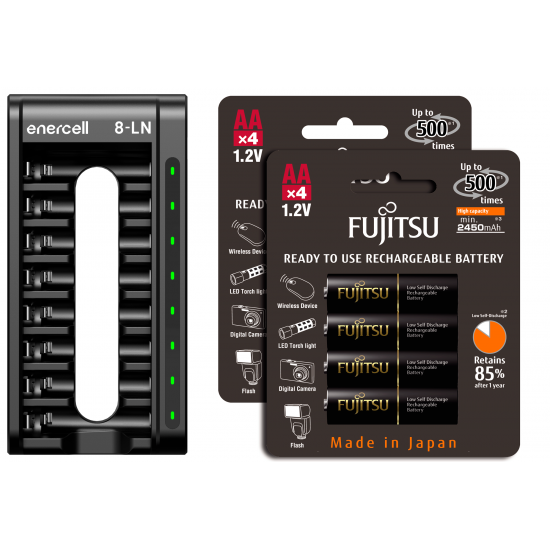 Carregador Enercell 8-LN com 8 pilhas AA Recarregáveis da Fujitsu Premium