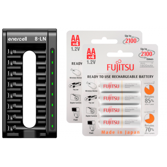 Carregador Enercell 8-LN com 8 pilhas AA Recarregáveis da Fujitsu Standard