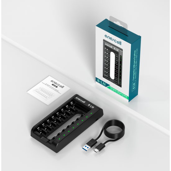 Carregador USB da Enercell Rápido e inteligente para 8 pilhas AA/AAA, modelo 8-LN