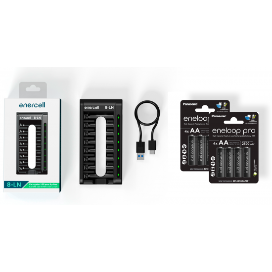 Carregador Enercell 8-LN com 8 pilhas AA Recarregáveis da Eneloop Pro