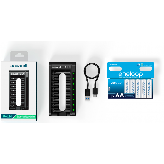 Carregador Enercell 8-LN com 8 pilhas AA Recarregáveis da Eneloop Standard