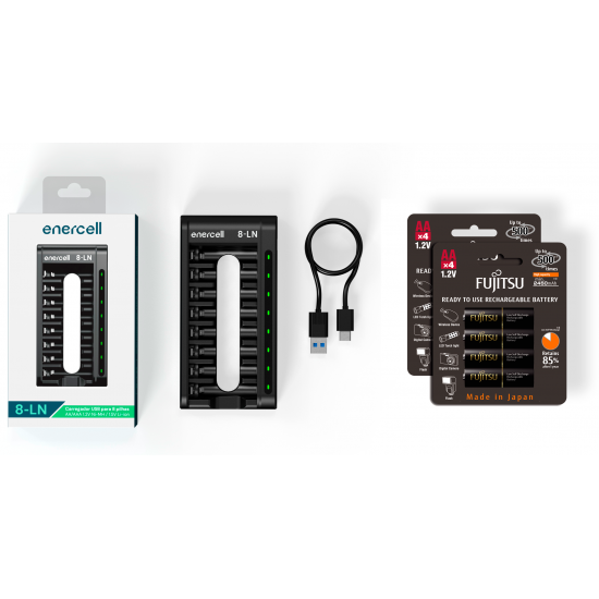 Carregador Enercell 8-LN com 8 pilhas AA Recarregáveis da Fujitsu Premium