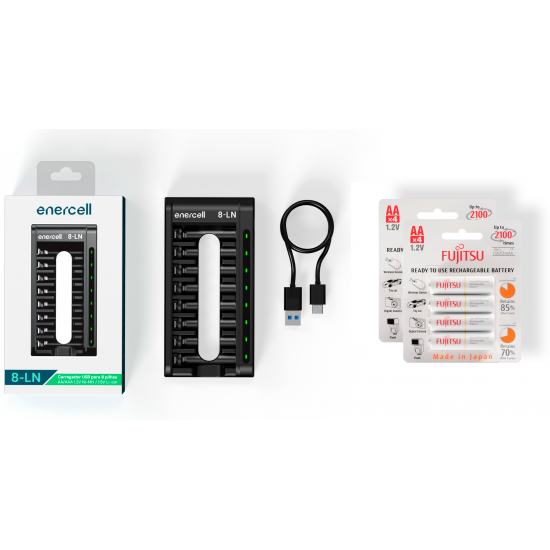 Carregador Enercell 8-LN com 8 pilhas AA Recarregáveis da Fujitsu Standard