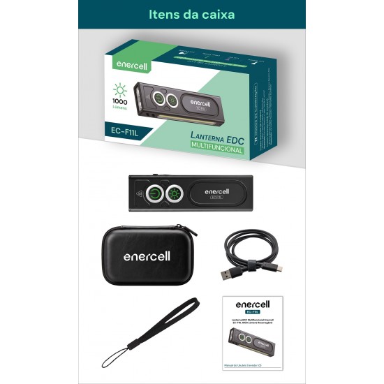 Lanterna EDC Multifuncional Recarregável EC-F11L com até 1000 Lúmens