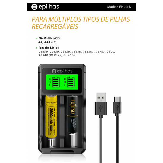 Carregador Universal USB da EPILHAS inteligente p/ 2 pilhas de Íon de Lítio / Ni-MH, modelo EP-02LN