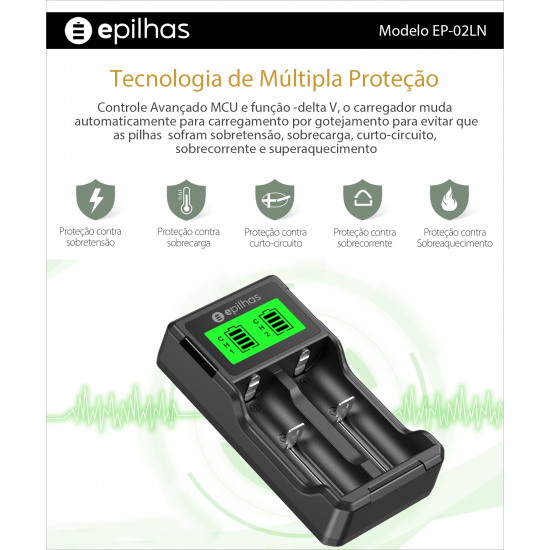 Carregador Universal USB da EPILHAS inteligente p/ 2 pilhas de Íon de Lítio / Ni-MH, modelo EP-02LN