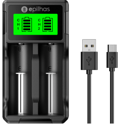 Carregador Universal USB da EPILHAS inteligente p/ 2 pilhas de Íon de Lítio / Ni-MH, modelo EP-02LN