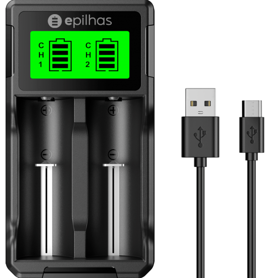 Carregador Universal USB da EPILHAS inteligente p/ 2 pilhas de Íon de Lítio / Ni-MH, modelo EP-02LN