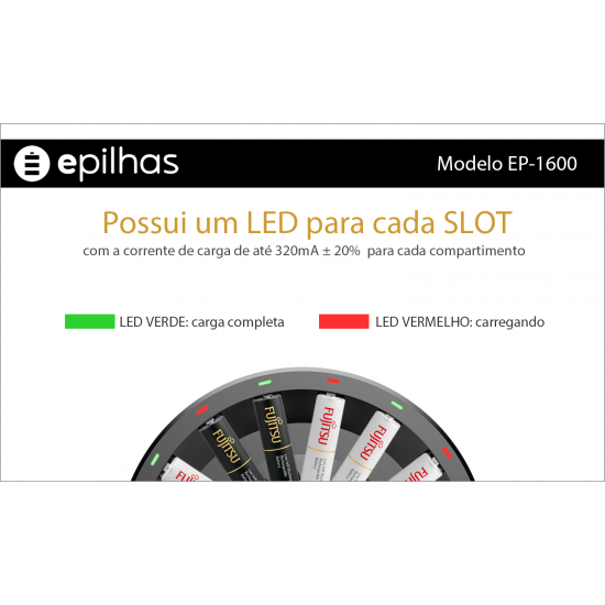 Carregador da EPILHAS rápido e inteligente para 16  pilhas AA/AAA, modelo EP-1600