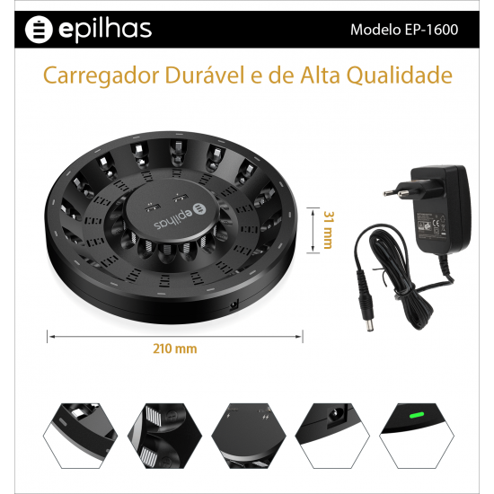 Carregador da EPILHAS rápido e inteligente para 16  pilhas AA/AAA, modelo EP-1600