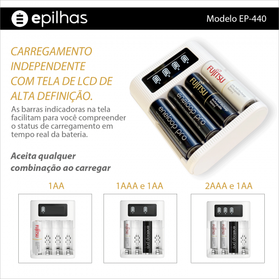 Carregador USB da EPILHAS rápido e inteligente para 4 pilhas AA/AAA, modelo EP-440