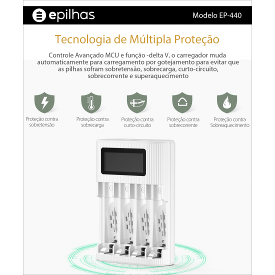 Carregador USB da EPILHAS rápido e inteligente para 4 pilhas AA/AAA, modelo EP-440