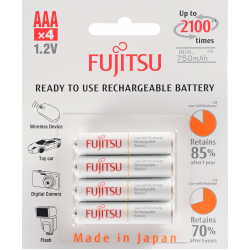 4 Pilhas AAA (PALITO) Recarregáveis da Fujitsu Standard (= Eneloop) 2100 Recargas, 800 mAh