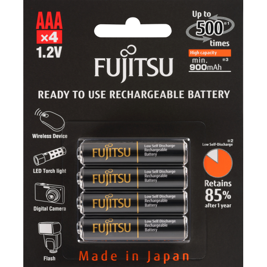 4 Pilhas AAA (PALITO) Recarregáveis FUJITSU PREMIUM (= Eneloop Pro) 500 Recargas, 950 mAh