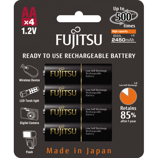 4 Pilhas AA Recarregáveis FUJITSU PREMIUM (= Eneloop Pro) 500 Recargas, 2550 mAh