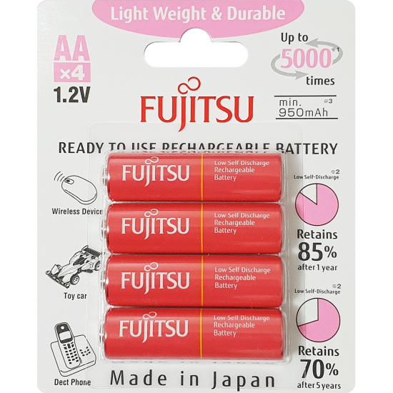 4 Pilhas AA Recarregáveis FUJITSU LITE 5000 Recargas, 1000 mAh