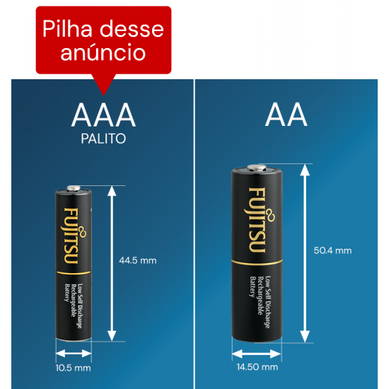4 Pilhas AAA (PALITO) Recarregáveis FUJITSU PREMIUM 500 Recargas, 950 mAh