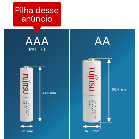 4 Pilhas AAA (PALITO) Recarregáveis da Fujitsu Standard 2100 Recargas, 800 mAh