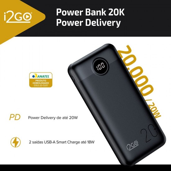PowerBank i2GO 20.000 mAh Ultra Rápido 20W  - Carregador Portátil