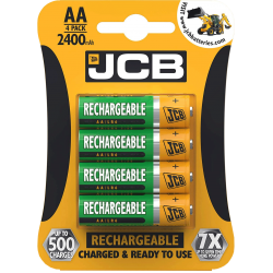 4 Pilhas AA Recarregáveis da JCB, 500 Recargas, 2400 mAh 4 Pilhas AA Recarregáveis da JCB, 500 Recargas, 2400 mAh