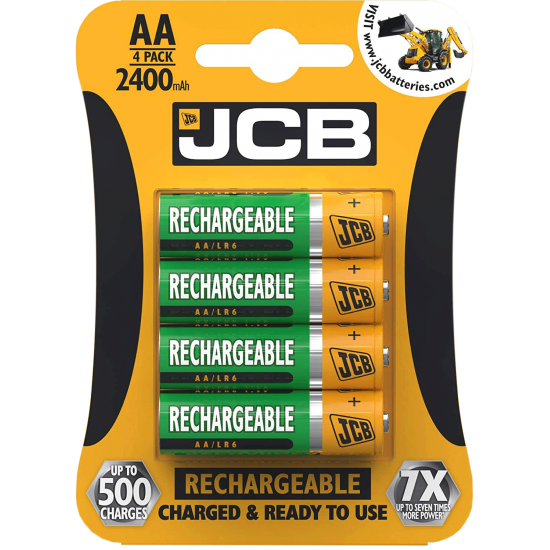 4 Pilhas AA Recarregáveis da JCB, 500 Recargas, 2400 mAh