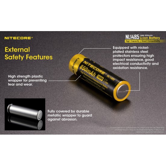 Pilha 14500 3.7V recarregável de lítio Nitecore, modelo NL1485