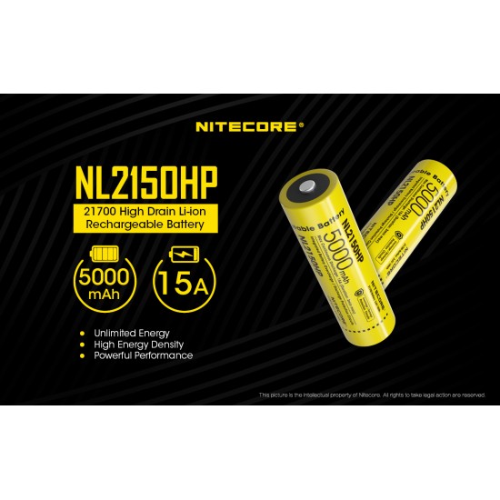 Pilha Nitecore 21700 5000 mAh 3.6v 15A recarregável de Íon lítio NL2150HP