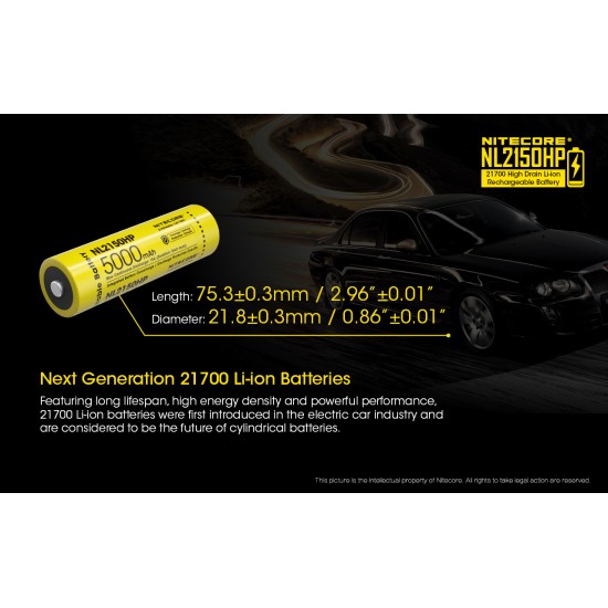 Pilha Nitecore 21700 5000 mAh 3.6v 15A recarregável de Íon lítio NL2150HP