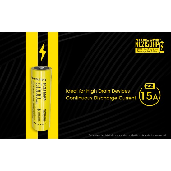 Pilha Nitecore 21700 5000 mAh 3.6v 15A recarregável de Íon lítio NL2150HP