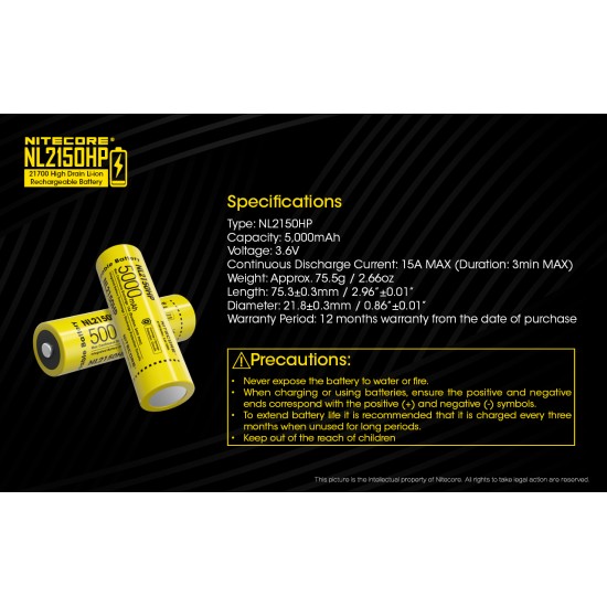 Pilha Nitecore 21700 5000 mAh 3.6v 15A recarregável de Íon lítio NL2150HP