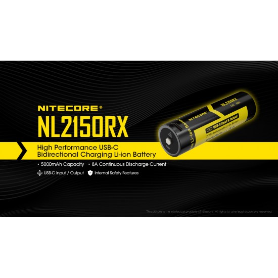 Pilha Nitecore 21700 5000 mAh 3.6v 8A recarregável de Íon lítio USB NL2150RX