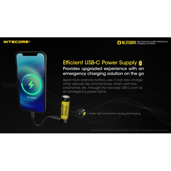 Pilha Nitecore 21700 5000 mAh 3.6v 8A recarregável de Íon lítio USB NL2150RX