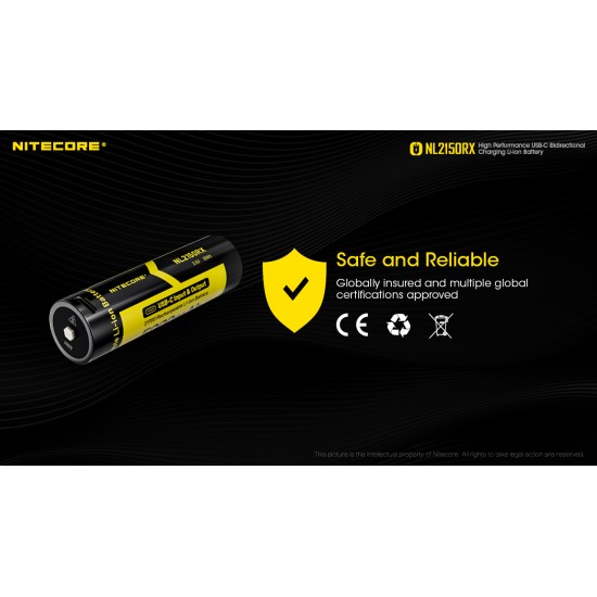 Pilha Nitecore 21700 5000 mAh 3.6v 8A recarregável de Íon lítio USB NL2150RX