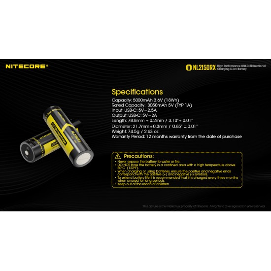 Pilha Nitecore 21700 5000 mAh 3.6v 8A recarregável de Íon lítio USB NL2150RX