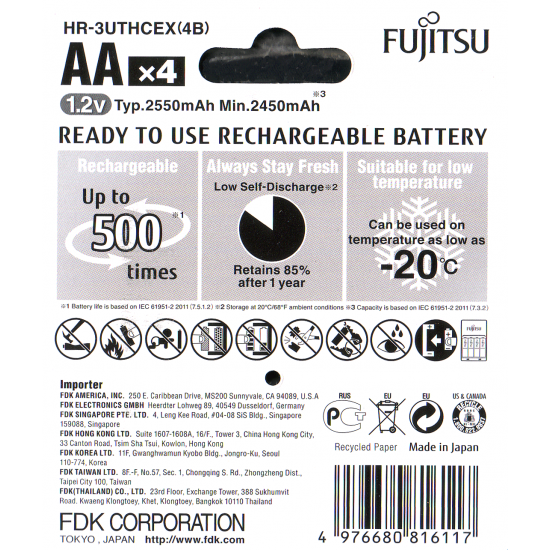 4 Pilhas AA Recarregáveis FUJITSU PREMIUM (= Eneloop Pro) 500 Recargas, 2550 mAh