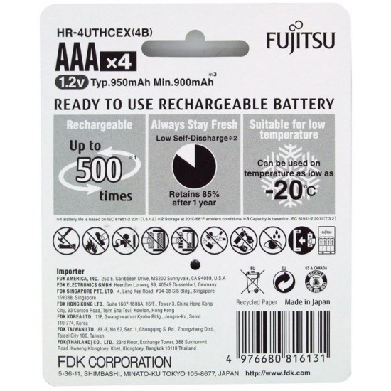 4 Pilhas AAA (PALITO) Recarregáveis FUJITSU PREMIUM (= Eneloop Pro) 500 Recargas, 950 mAh