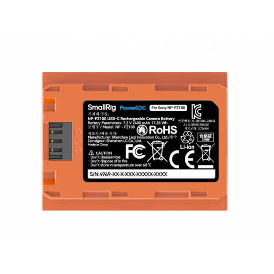 Bateria recarregável via USB-C SmallRig para Sony NP-FZ100 2400 mAh (laranja)